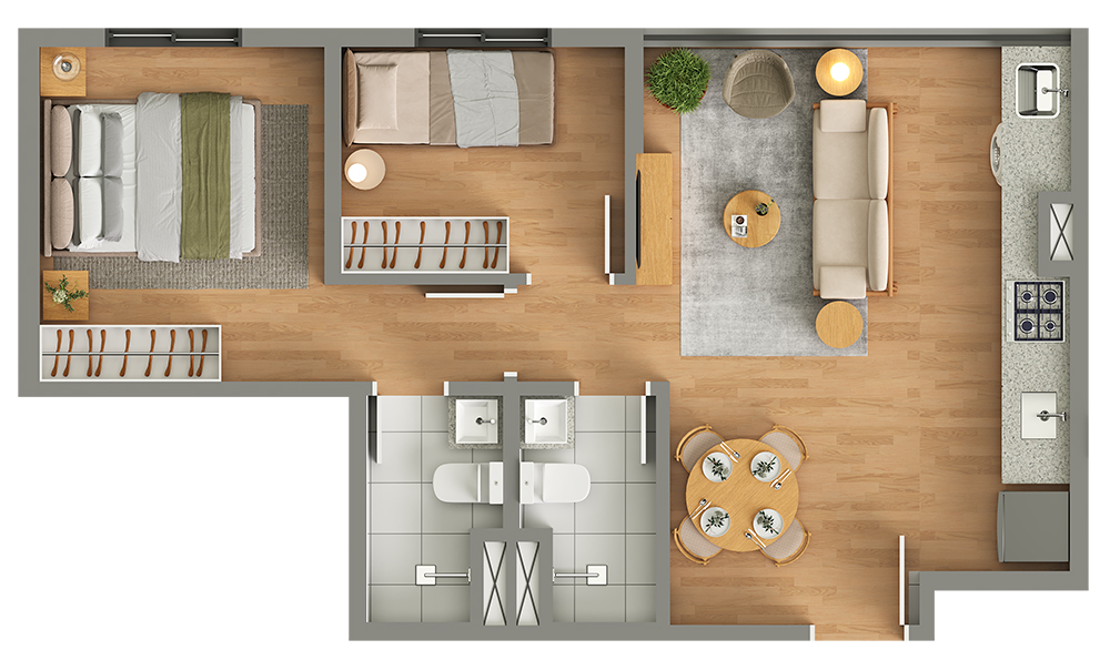 Planta 2 dormitórios com suíte 43,3m²