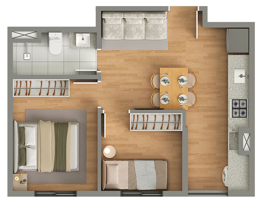 Planta 2 dormitórios 35,5m²